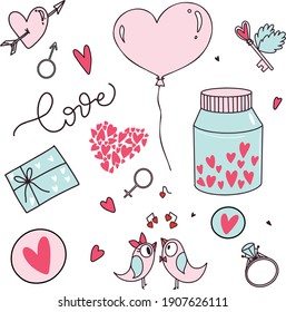 Valentine`s day objects set for poscards design, wrapping paper, gifts, ads, textile