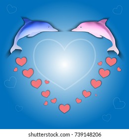 Valentines day ocean. Lovers dolphins on a blue background with red hearts. Postcard or poster for Valentine's day. Dolphins kiss and love each other.