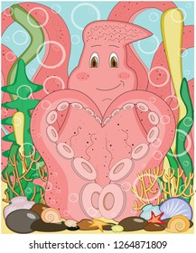 Valentine's day, octopus tentacles shows heart.octopus on the ocean floor.octopus on the bottom of the sea.Vector illustration.