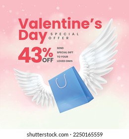 Valentines day offer banner template. shopping bags with wings flying. send gift concept.