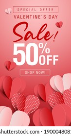 Venta de ofertas de San Valentín. Volante, publicidad, diseño de vector comercial editable. 14 de febrero Descuento especial 50% de descuento. Compra ahora.