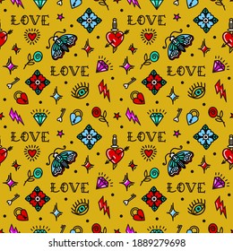 Valentine's Day in old school style seamless pattern. Vector illustration. Design For Valentine's Day, Stilts, Wrapping Paper, Packaging, Textiles 