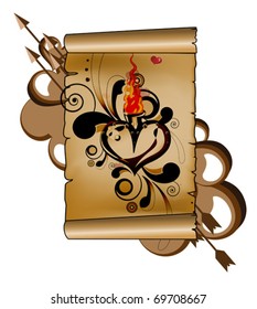 Valentine's Day.  Old scroll of paper with the image of the heart, flame and patterns