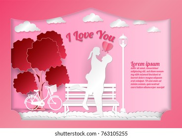 Valentine's day on abstract background with text I love you, paper cut style, Vector illustration. In a gift box