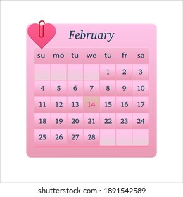 Valentine's Day on the calendar. Pink calendar, February