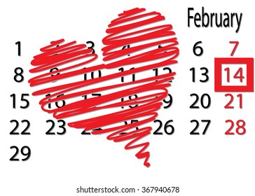 Valentine's Day on February fourteenth calendar highlighted square. Big red heart on the calendar above.