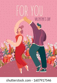 Valentine's day on greeting vector card with cute young trendy people. Hand-drawn style with modern couple in love.