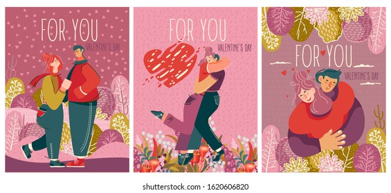 Día de San Valentín en la tarjeta vectorial de saludo con gente linda y joven de moda. Estilo hecho a mano con una pareja moderna enamorada.