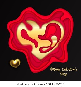Valentines day on layered red and gold paper cut realistic background. Vector holiday illustration.  