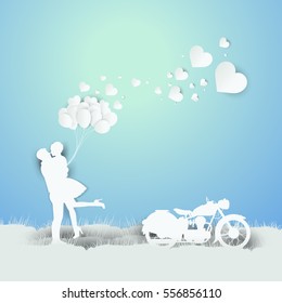 valentines day on light Blue background with a motorcycle, paper art, craft style, Concept of balloon lovers, vector