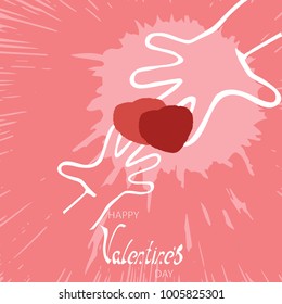 Valentine's Day. On the pink background of the hand holds two hearts and the words of St. Valentine