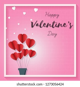 Valentines day on pink background with love hearts paper art pattern, vector illustration.