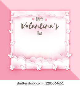 Valentines day on pink background with hearts and butterfly paper cut pattern, vector illustration.