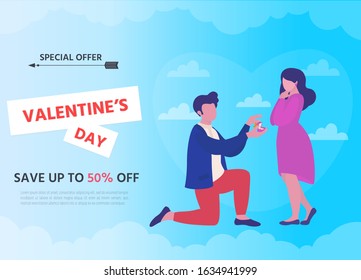 Valentine's Day on pink background.  Love couple. Advertising. Poster. Banner. Label. Card. Vector illustration