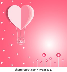 Valentines day on pink background with hearts balloon paper pattern, vector illustration.