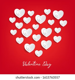 Valentines day on red background with hearts flying. Vector illustration