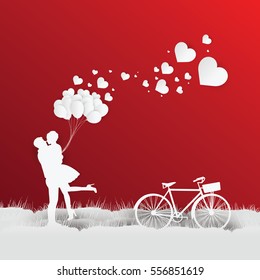 valentines day on red background with a bike, paper art, craft style, Concept of balloon lovers, vector