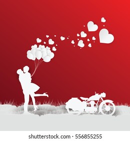 valentines day on red background with a motorcycle, paper art, craft style, Concept of balloon lovers, vector