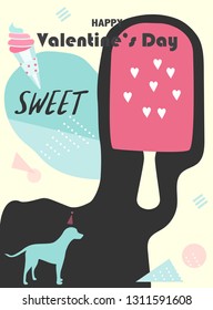 Valentines day on retro pattern design,greetings card,template,zine culture,sweet,dog,cute,minimal,Vector illustration.