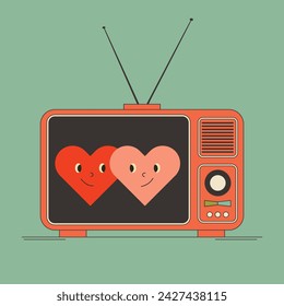 Valentine's Day on TV. Cute vector illustration of retro TV with love hearts.