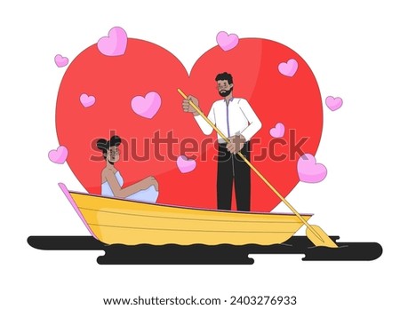 Valentines day on water 2D linear illustration concept. African american heterosexual couple cartoon characters isolated on white. Black man rowing paddle metaphor abstract flat vector outline graphic