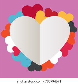 Valentine's Day on the white heart is surrounded by colorful hearts on a pink background.