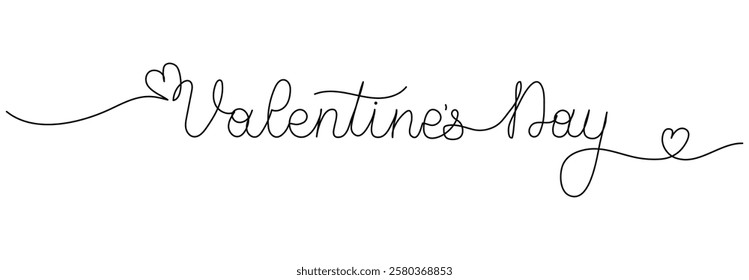 Valentines day one line lettering with heart on white background. Love continuous editable stroke. Minimalist illustration for greeting cards banner poster cover