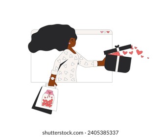 Valentine's Day online congratulation. Remote giving and receiving presents. February 14 banner with romantic young woman Vector flat outline illustration
