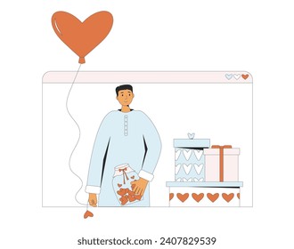 Valentine's Day online congratulation. Romantic teenage boy with presents. Vector flat outline illustration