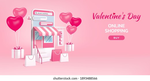 Valentine's day online shopping by smartphone, 3d mobile with shopping bag, chat message, gift box, balloon and delivery on pink background, Vector illustration