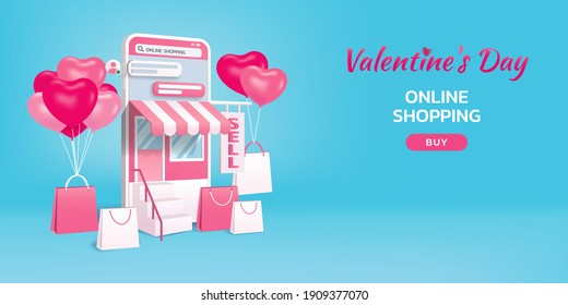 Valentine's day online shopping by smartphone, 3d mobile with shopping bag, chat message, gift box, balloon and delivery on light blue background, Vector illustration