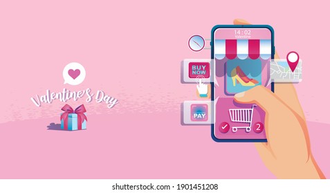 Valentine's day Online Shopping Concept, Website or Mobile phone Application, Marketing, and Digital marketing. promotion smartphone, fast delivery. Vector flat Design illustration 24-hour shopping