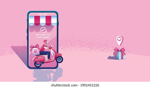 Valentine's day Online Shopping Concept, Website or Mobile phone Application, Marketing, and Digital marketing. promotion smartphone, fast delivery. Vector flat Design illustration 24-hour shopping