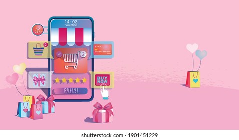 Valentine's day Online Shopping Concept, Website or Mobile phone Application, Marketing, and Digital marketing. promotion smartphone, fast delivery. Vector flat Design illustration 24-hour shopping