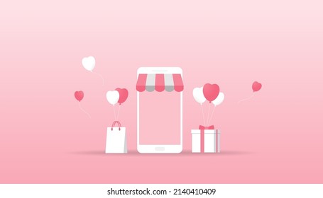 Valentine's day online shopping concept. mobile with shopping bag, gift box on pink background, Vector illustration