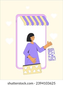 Valentine's Day online shopping. gift exchange. February 14 order gift. virtual presents buy. Vector flat outline illustration