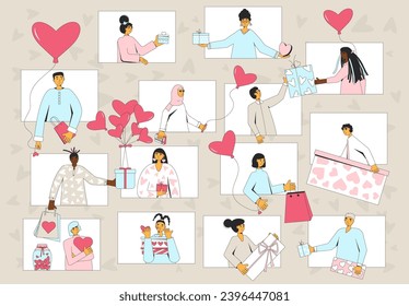 Día de San Valentín en línea. El amor virtual o el concepto de amistad. Dándose mutuamente regalos de vacaciones sobre videollamadas. Ilustración de contorno plano del vector