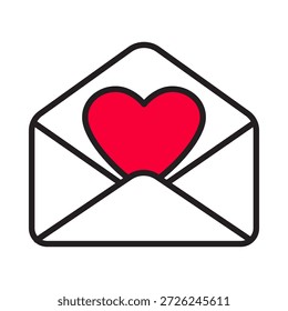 Icono lineal de sobre abierto de San Valentín con un corazón rojo. Ilustración vectorial de trazo editable. Símbolo de correo romántico. Diseño minimalista del contorno de la carta de amor aislado en el fondo blanco.