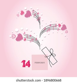 Valentines Day. Open music box. 14 FEBRUARY. Greeting card with hearts and musical notes.
