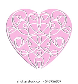 Valentine's Day openwork white paper card. Stencil design with heart. Laser cut decoration template for greeting cards, invitations. Vector illustration.