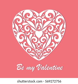 Valentine's Day openwork white paper card - Be my Valentine. Stencil design with heart on coral background. Vector Laser cutting decoration template for greeting card, invitations, poster. 