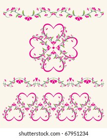 Valentines Day ornaments with heart and flowers, element for design, vector illustration