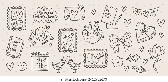 Valentine's Day Outline Elements Set: Vector Collection of Love Themed Doodles. Isolated Romantic clipart with Hearts, Gift, and Postage Stamp for Coloring Book, Scrapbooking, and Greeting Cards