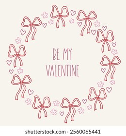 Valentine's Day outline greeting card with bows, flowers and hearts on white background. Perfect for seasonal holidays and romantic decorations. Hand drawn frame, wreath. Vector illustration