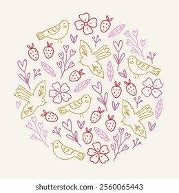 Valentine's Day outline greeting card with birds, flowers, strawberries, leaves, berry on white background. Circle ornament. Perfect for seasonal holidays and romantic decorations. Vector illustration