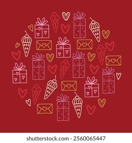 Valentine's Day outline greeting card with ice cream, hearts, love letters, gifts on red background. Circle ornament. Perfect for seasonal holidays and romantic decorations. Vector illustration