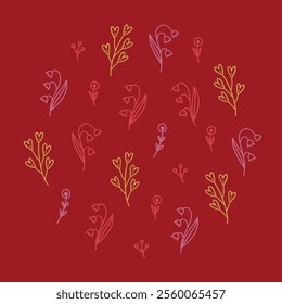 Valentine's Day outline greeting card with flowers, berries and hearts on red background. Circle ornament. Perfect for seasonal holidays and romantic decorations. Vector illustration