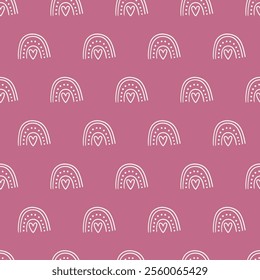Valentine's Day outline seamless pattern with rainbows and hearts on pink background. Perfect for wallpaper, gift paper, romantic greeting cards. Vector hand drawn illustration