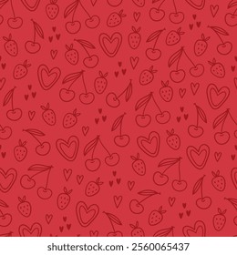 Valentine's Day outline seamless pattern with hearts, strawberries and cherries on red background. Perfect for wallpaper, gift paper, romantic greeting cards. Vector hand drawn illustration