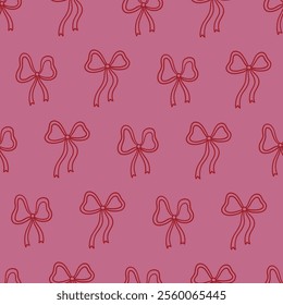 Valentine's Day outline seamless pattern with red bows on pink background. Perfect for wallpaper, gift paper, romantic greeting cards. Vector hand drawn illustration